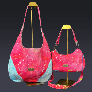Denim Paired Maxine Tote in Blue and Magenta with Linda Baguette in Magenta