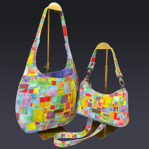 Denim Paired Maxine Tote and Linda Baguette in Colorful Small Squares with Purple