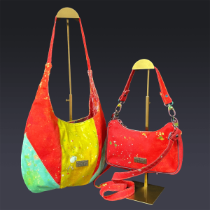 Denim Paired Maxine Tote in Green Red and Yellow with Linda Baguette in Red