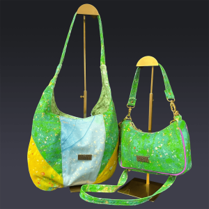 Denim Paired Maxine Tote in Yellow Green and Light Blue and Linda Baguette in Green