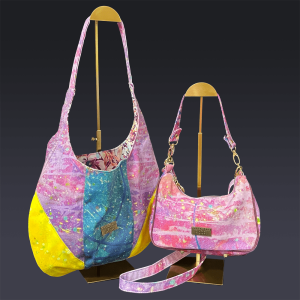Denim Paired Maxine Tote in Yellow Purple and Blue and Linda Baguette In Maagenta